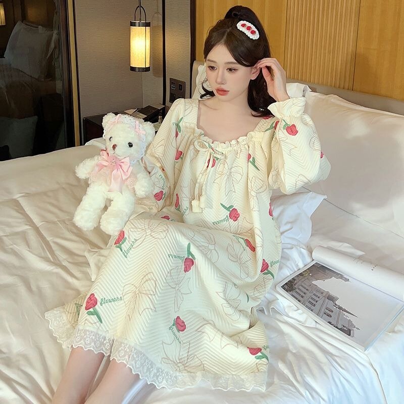 Spring Autumn Women Long-Sleeved Quilted Nightdress Female Sweet Loose Plus Size Mid-Length Homewear Casual Fashion Nightgown
