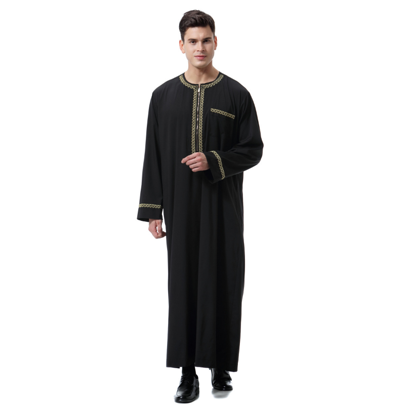 Monocromático manga comprida com zíper para homens, Jubba caro, roupas masculinas muçulmanas médias, Arábia Saudita, gola redonda, 2023