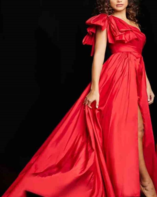 A-Line Elegant Taffeta One Shoulder Bow Accent Ruched Bodice Full Length Prom Homecoming Dresses