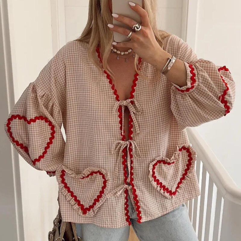 Long Sleeve Shirts For Women 2024 Plaid Lace Up Bow Shirts 3D Heart Pockets Puff Sleeve V-neck Blouses Casual Female Loose Tops