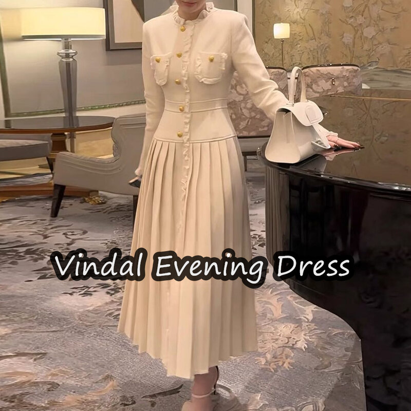 VindalScoop dekolt do herbaty o długości linii wieczorowa sukienka z marszczoną krepą elegancki wbudowany biustonosz saudyjski arabski długie rękawy dla kobiet 2024