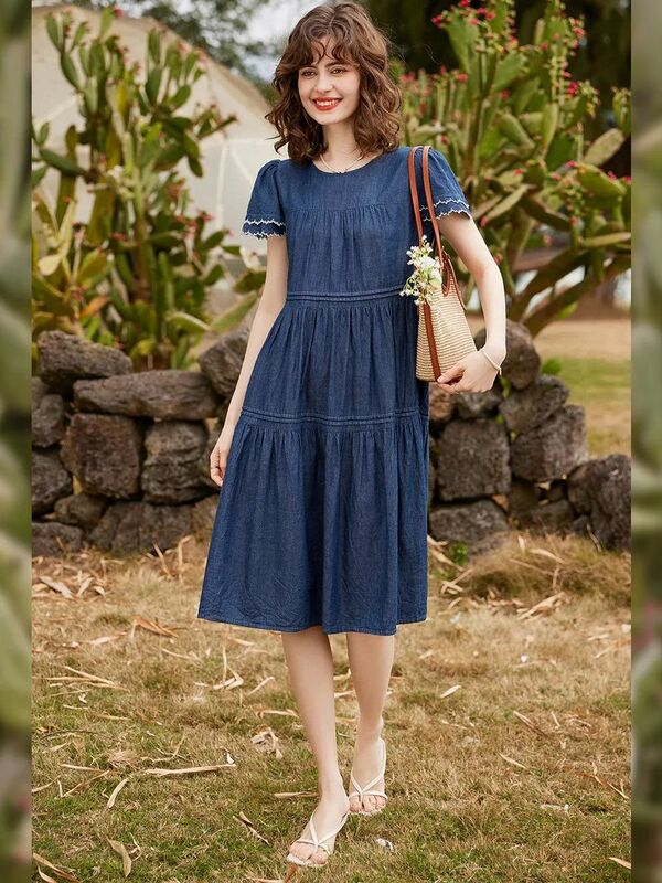 LOUIS YAO Women Denim Dress 2024 Summer 100% Cotton Embroidery Round Neck Short Sleeve Loose A-line Casual Mid Length Dress