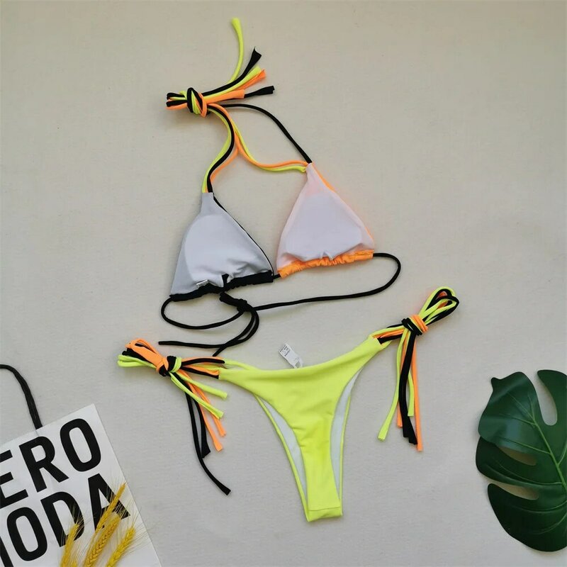 Sexy Triangle Bikini Swimsuit Patchwork String Backless Vacation SwimWear Women Micro Thong Brazilian Beach Bikinis Bathing Suit