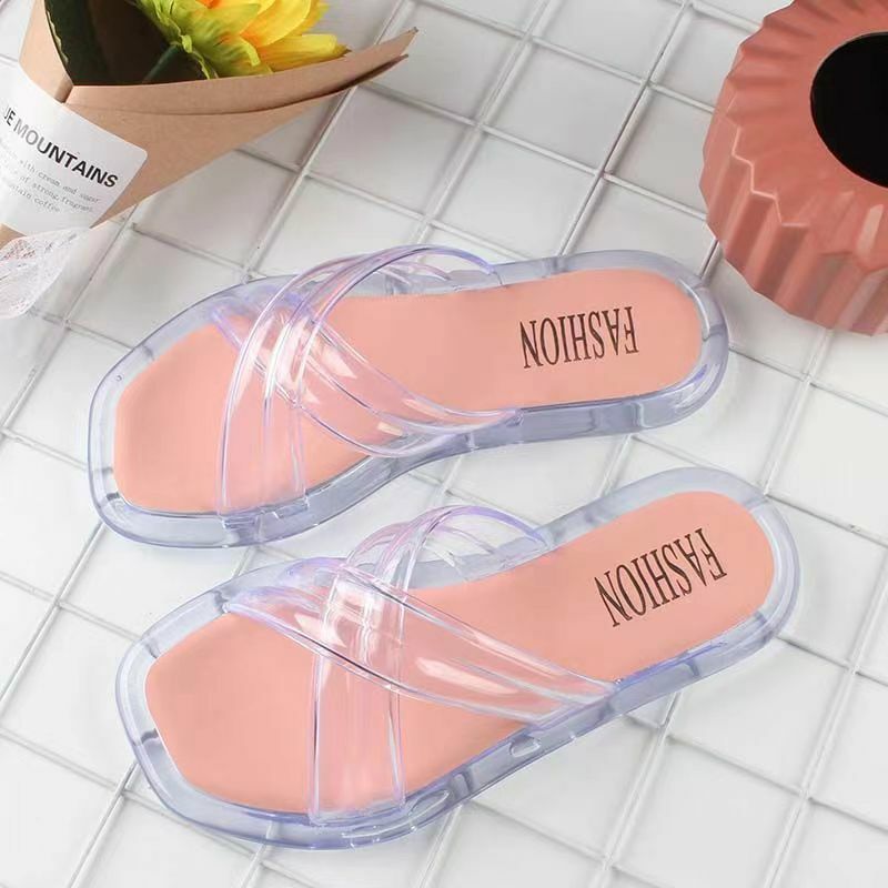 New Women's Summer One Word Flat Sole Crystal Slipper Free Shipping Soft Sole Home Slippers Bathroom Slippers Beach Slippers