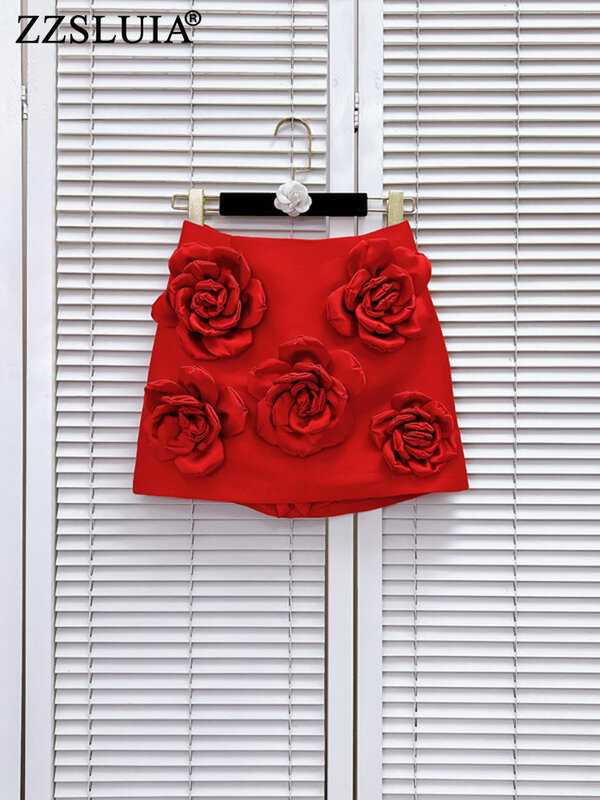 ZZSLUIA szorty w jednolitym kolorze dla kobiet 3D aplikacje kwiatowe designerskie spódnice modne spodenki odzież damska