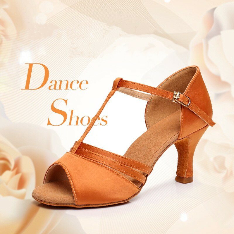 Fashion Women Satin Latin Dance Shoes Ladies Soft Suede Sole Ballroom Tango Cha-Cha Dancing Sandals 3 Colours 5cm And 7cm Heel