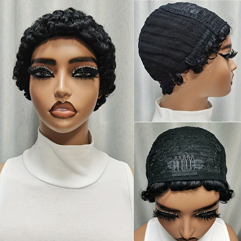 Wig ikal pendek rambut manusia Pixie Cut rambut manusia Brasil untuk wanita wig rambut manusia keriting tanpa lem hitam alami