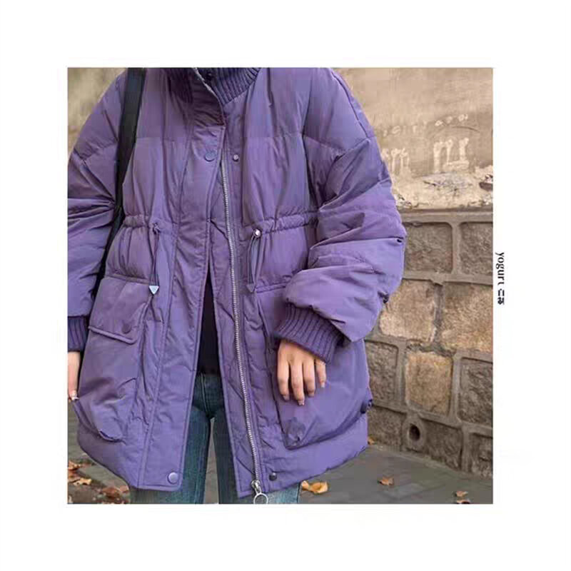여성용 한국 니트 칼라 루즈핏 다운 코트, 중간 길이 큰 포켓, 화이트 덕 다운 코트, 2023 겨울 신상