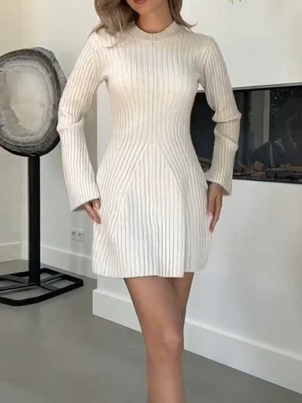 Women Y2k Knit Ribbed Sweater Dresses Elegant A Line Mini Dresses Casual Solid Color Long Sleeve Dresses