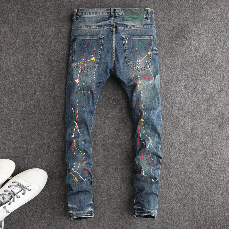 High Street Fashion Men Jeans Retro Washed Blue Stretch Slim Fit Ripped Jeans Men Painted Designer Hip Hop Denim Pencil Pants