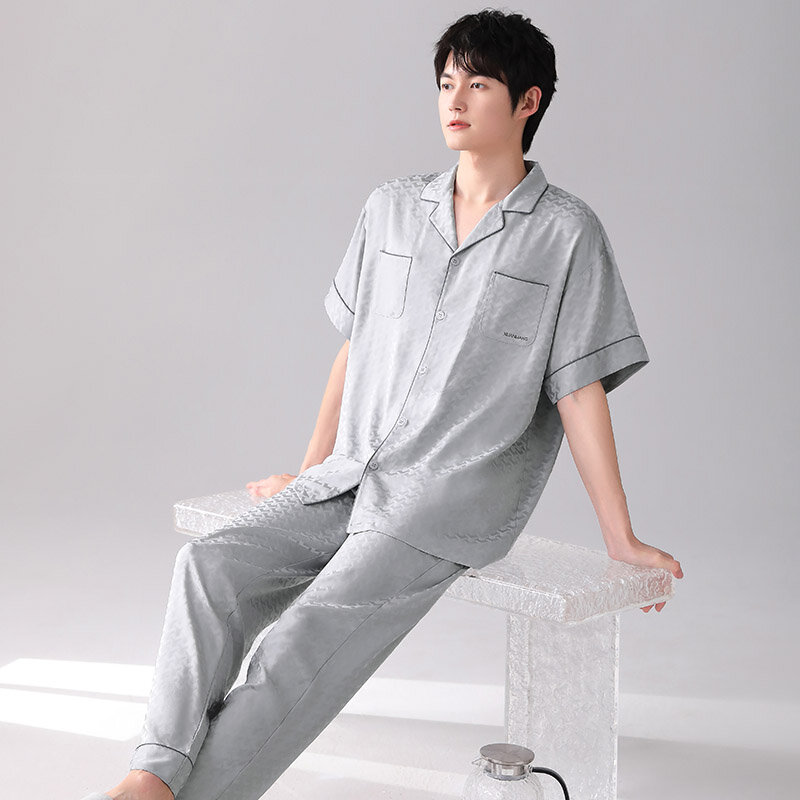 Summer Men's Silk Satin Pajamas Short Sleeve Tops Long Pants Sleepwear Pajama Sets Casual Cardigan Sleep&Lounge Pyjamas Male