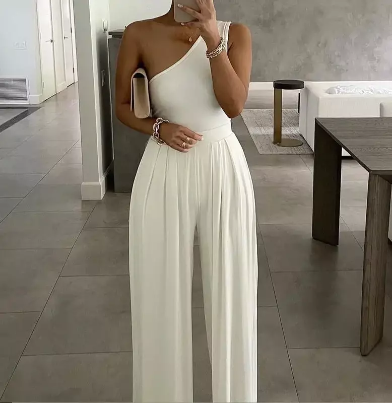 Women High Waist Solid Rompers OL New 2024 Summer Casual Fashion Single Shoulder Sexy Concise Asymmetrical Comfortable Jumpsuits