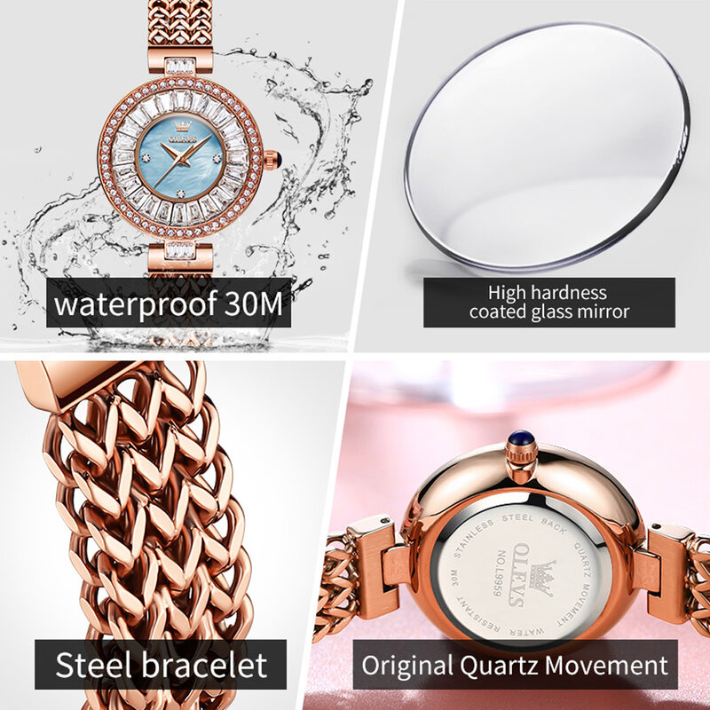 OLEVS-Relógio Quartzo de Aço Inoxidável Impermeável Feminino, Elegante e Romântico Ouro Rosa, Marca de Luxo