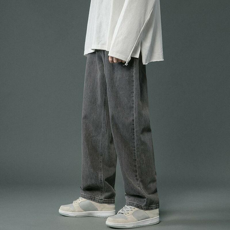 Jeans jeans confortável masculino com bolsos, calça de perna larga, estilo hip-hop, lavada, primavera, outono