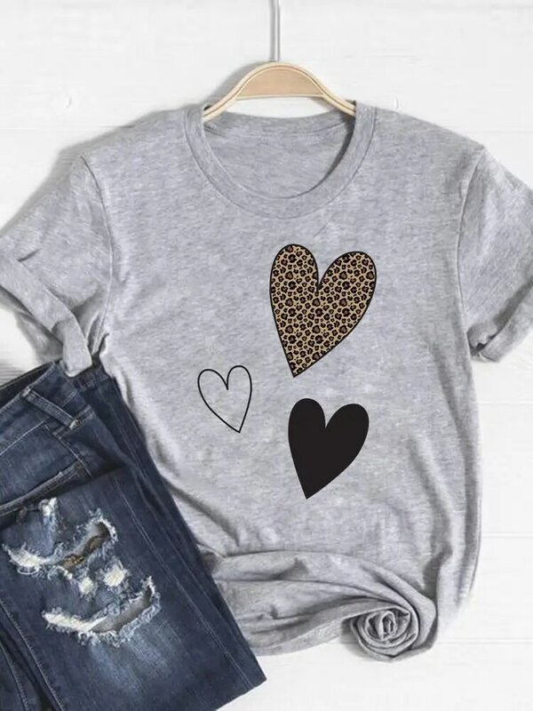 Tee Basic Clothing Women Clothes Print T Shirt Leopard Love Heart Trend Cute Summer Top Fashion Short Sleeve Graphic T-shirt