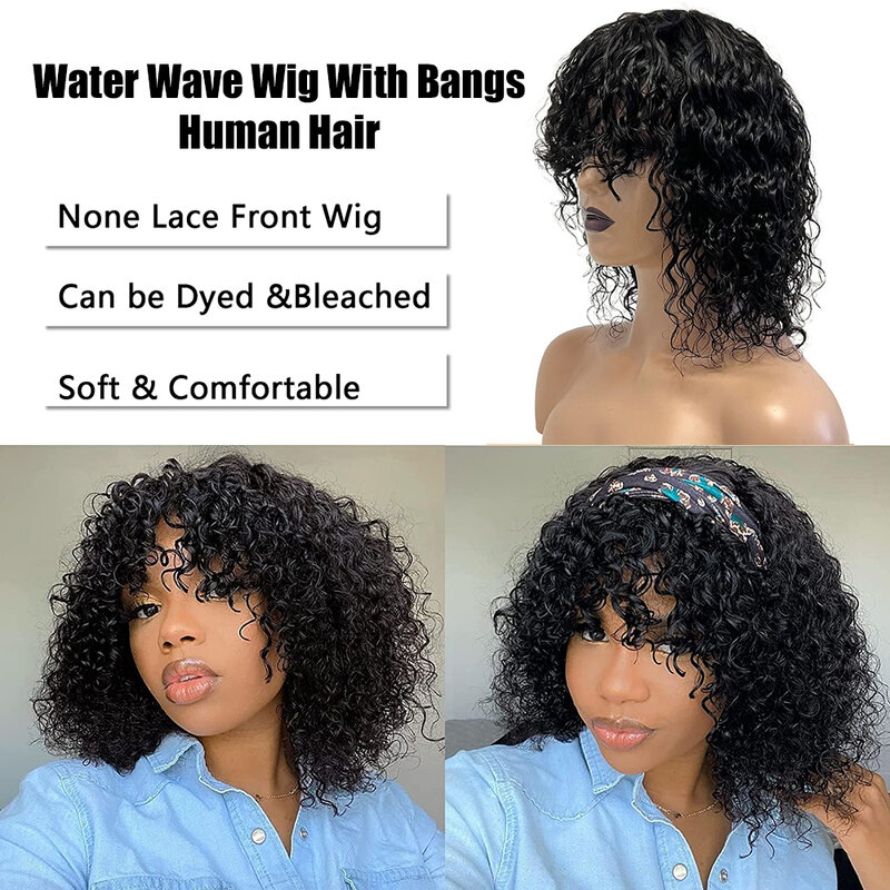 Wig rambut manusia gelombang air dengan poni Wig rambut manusia keriting Remy Brasil untuk wanita Mesin penuh dibuat tanpa pinggiran Wig