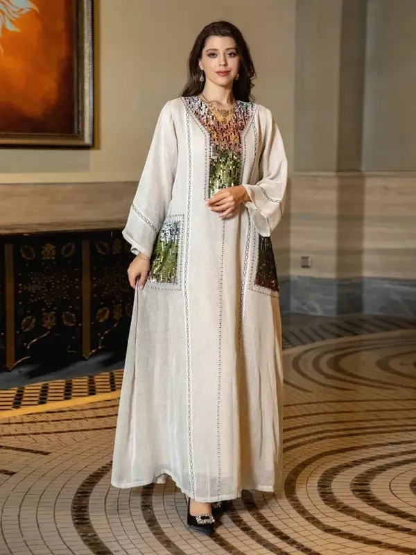 Eid Muslim Party Dress for Women Abaya Sequins Maxi Evening Long Dresses Jalabiya Morocco Dubai Abayas Kaftan Vestidos Long Robe