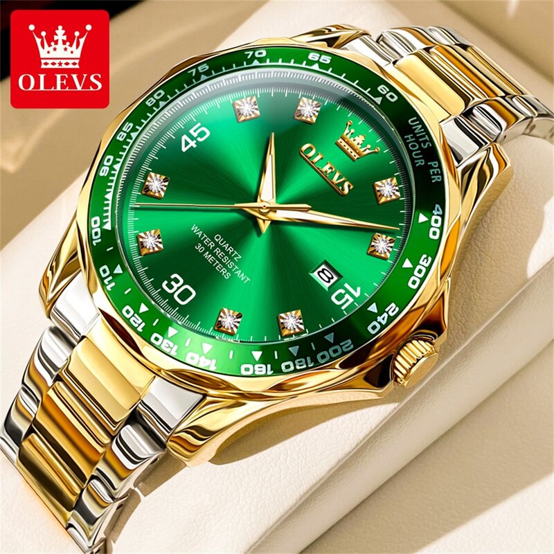 Olevs-メンズ防水クォーツ腕時計、ステンレススチールストラップ、グリーンカレンダー、オリジナル、高級ブランド、ファッション