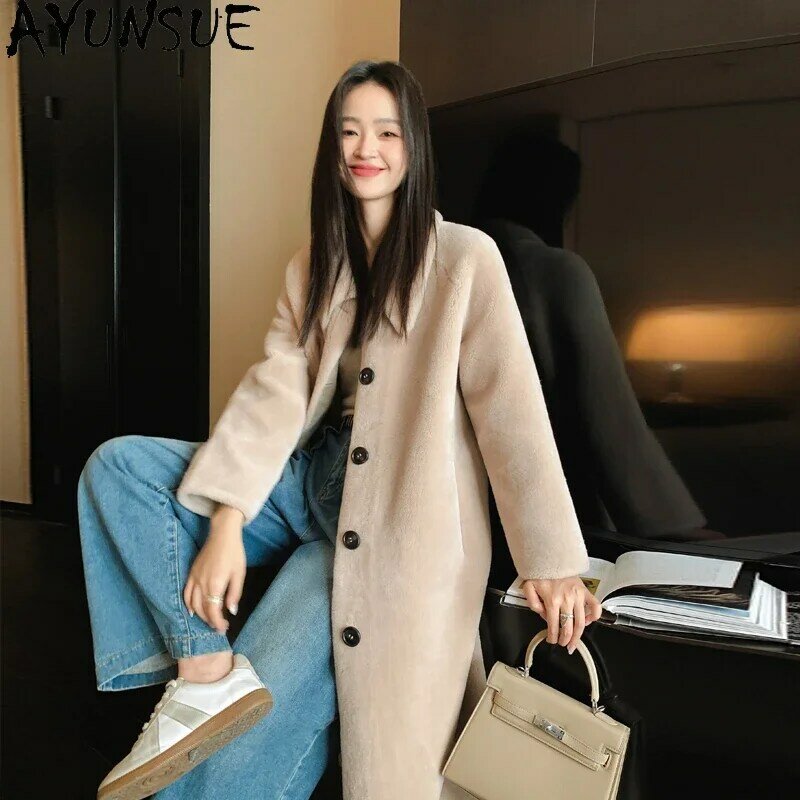 AYUNSUE jaket cukur domba panjang elegan untuk wanita mantel wol 100% musim dingin mantel bulu mode mantel wanita