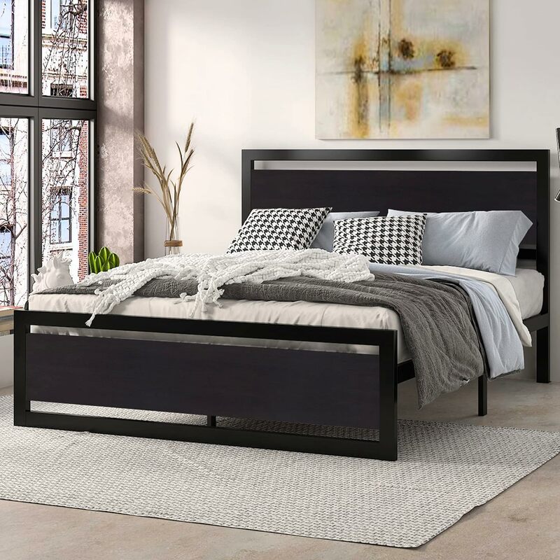 Full size bed frame, modern wooden headboard heavy platform metal bed frame, square frame footboard, black bedroom set