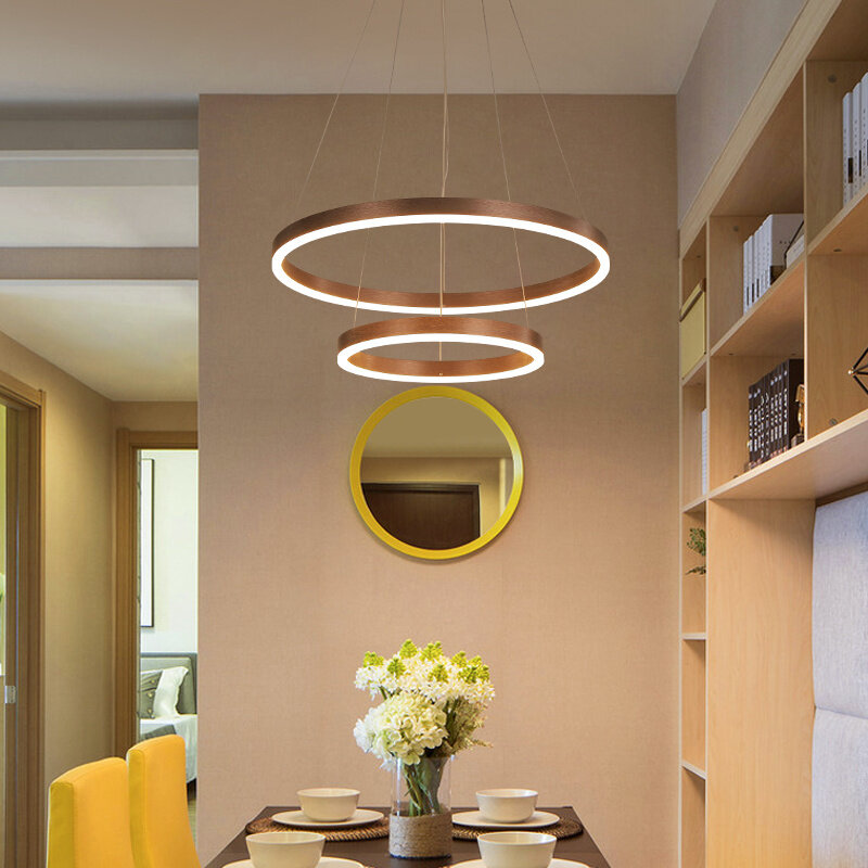 Nowy luksusowy żyrandol Led oświetlenie domu aluminium szczotkowane pierścienie złota i kawy lampy wiszące do salonu stół sypialnia