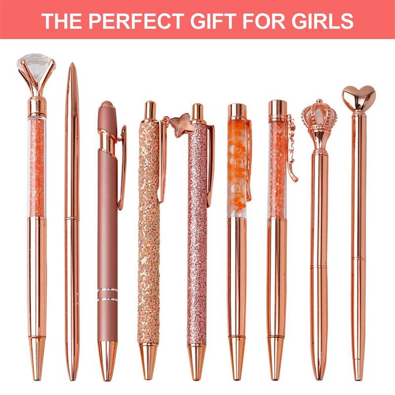 Metal Ballpoint Pen Set para Mulheres, Ouro Rosa, Diamante De Cristal, Tinta Preta, Brilho, Escritório, Casamento, Sup, 9Pcs, Z2Q9