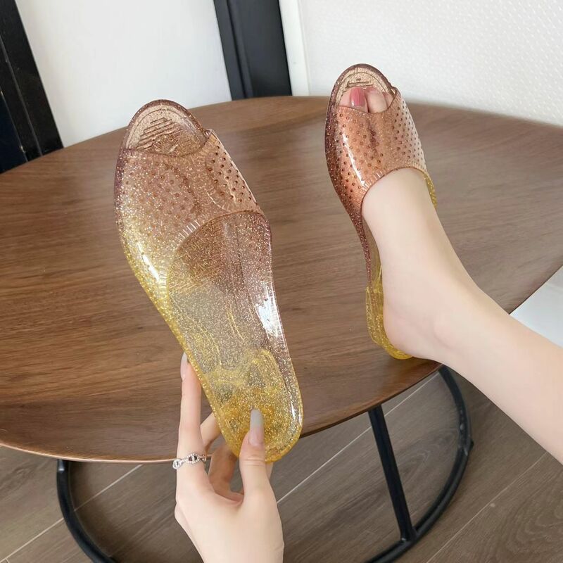 New Women's Summer One Word Low Heel Crystal Slippers Free Shipping Soft Sole Home Slippers Outdoor Slippers Bathroom Slippers