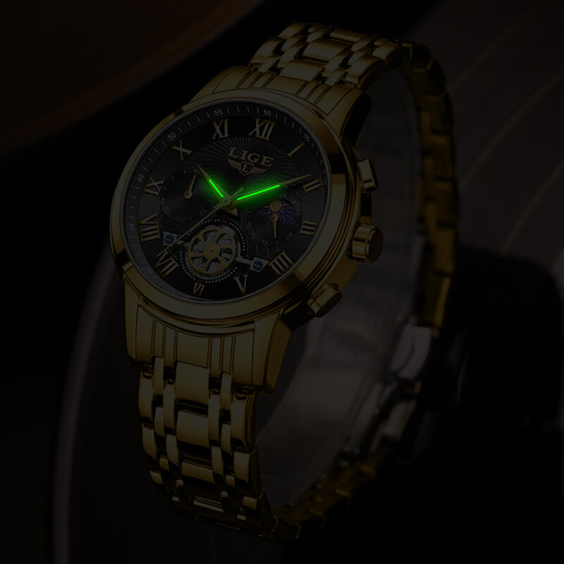 LIGE 남성용 골드 시계, 탑 브랜드 럭셔리 남성 시계, 패션 스포츠 방수 쿼츠 크로노그래프 손목시계
