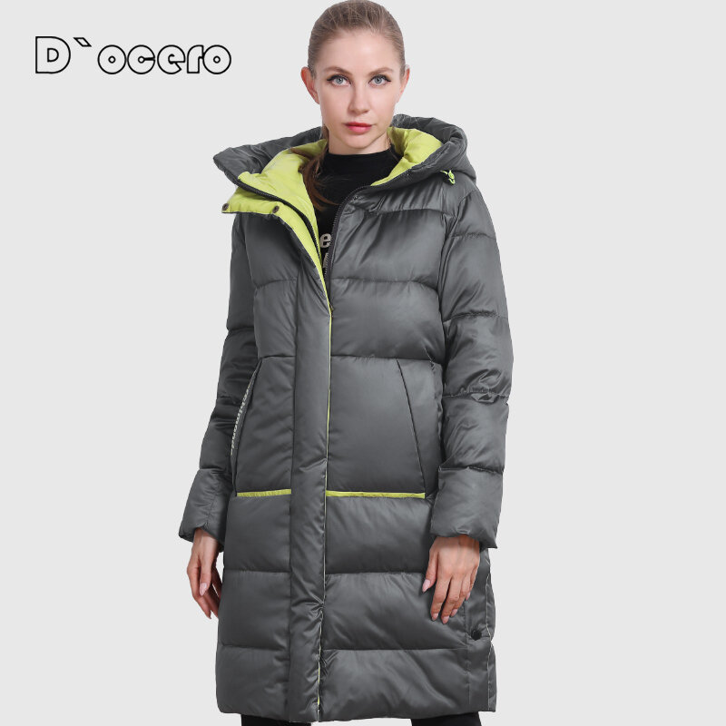 DOCERO 2022 новая зимняя куртка, Женская Повседневная Свободная парка контрастных цветов с Боковым Разрезом, толстое Стеганое пальто, Длинная Верхняя одежда с капюшоном