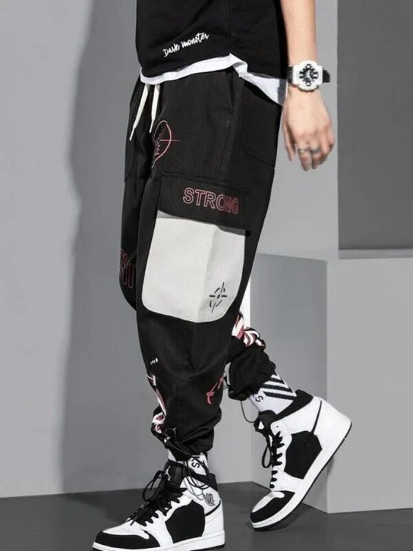 Брюки-карго мужские с граффити, летние Черные Мешковатые штаны в стиле хип-хоп, эмо, хлопковые уличные Слаксы в стиле Харадзюку, большие размеры, Y2k