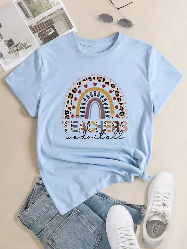 Short Sleeve T Shirt 'Teachers We Do It All' Print Women's Tee Slight Stretch Round Neck Casual Tee Short Sleeve Fashion T-Shirt
