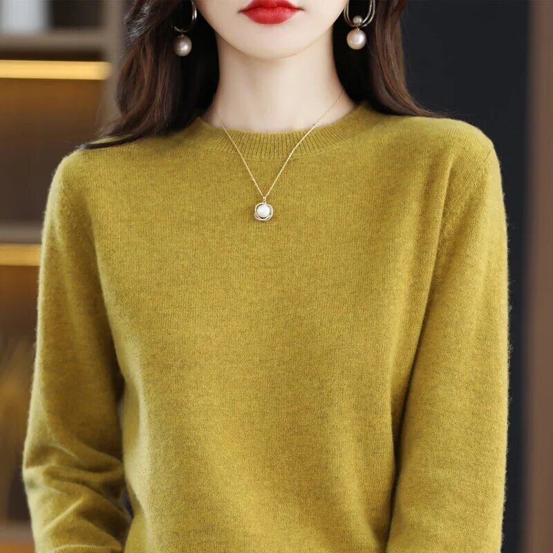 100% sweter z czystej wełny kaszmirowej damski sweter z okrągłym dekoltem swobodny dzianinowy top jesienno-zimowy damski płaszcz koreański