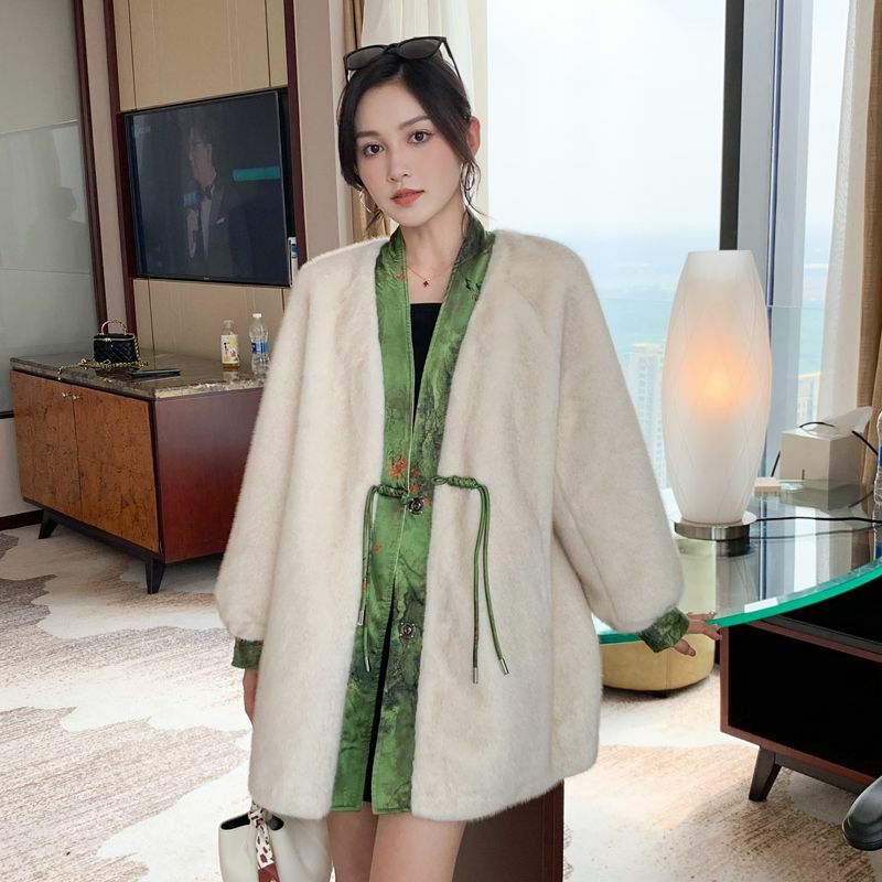 Mid-length Fake Elegant Fur Coats for Women V Collar Faux  Winter Jackets Ladies Keep Warm Long Sleeve    T978
