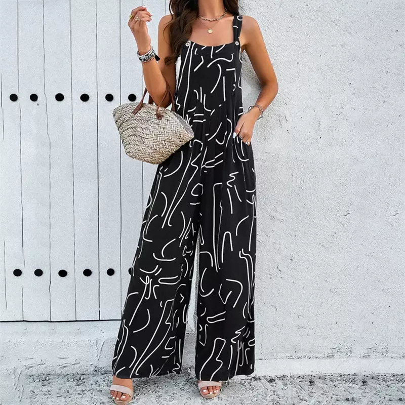 Spring Summer Women's Jumpsuits Fashion Sexy Spaghetti Strap Loose Waist Casual Straight Printed Female Wide Leg Jumpsuits