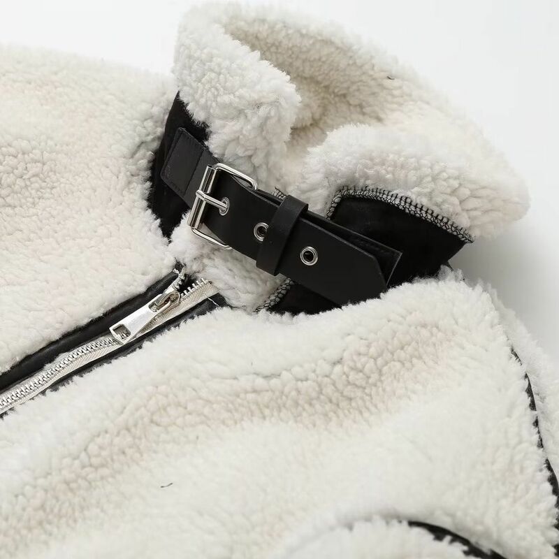 Женское лоскутное пальто на молнии с лацканами из искусственного меха, Женская велосипедная куртка с длинным рукавом и пушистым поясом, шикарная Повседневная Верхняя одежда, осень-зима 2023