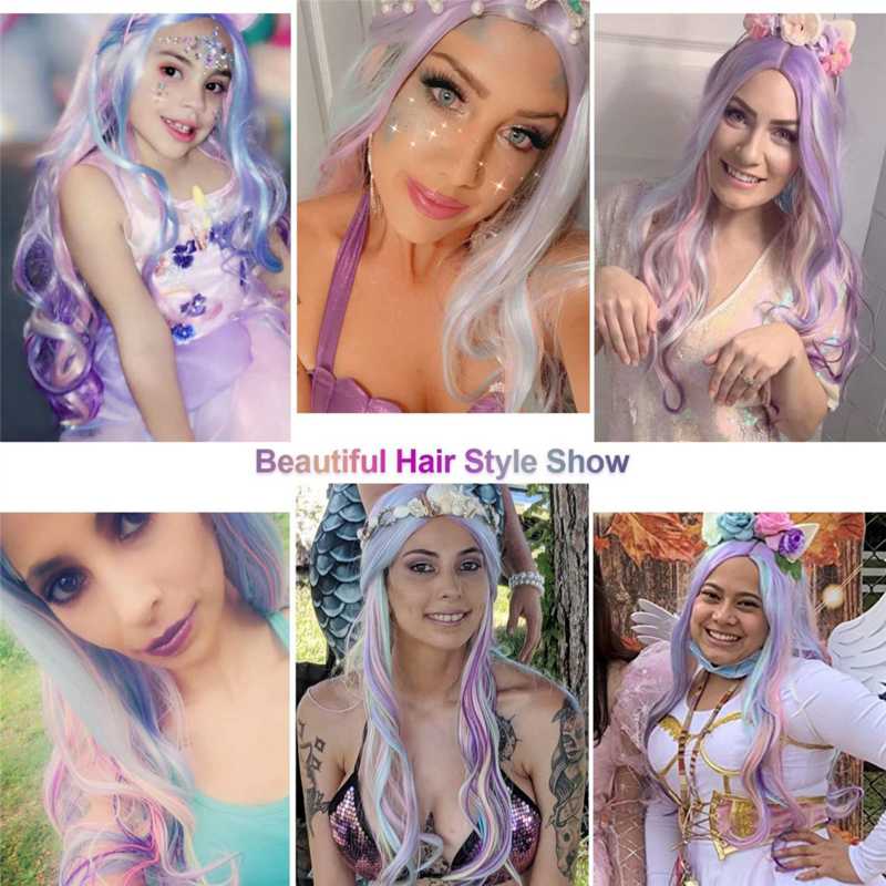 Highlight Dyed Mid-Length Curly Hair Synthetic Wig Wavy Rainbow Wig for Performance Music Festival Party Wedding Cosplay