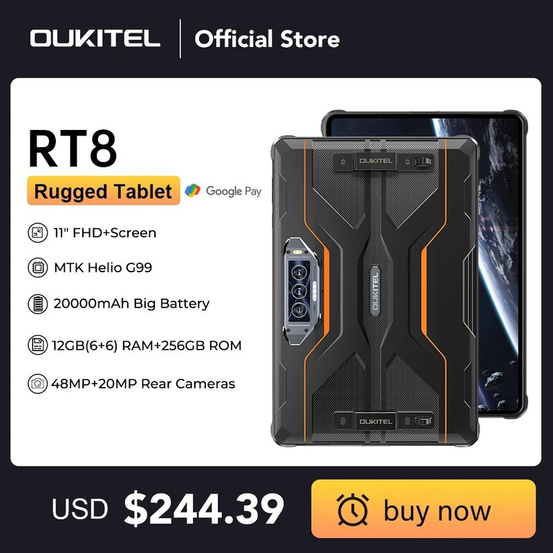 Oukitel-RT8 Tablet robusto, Android 13, 11 "FHD + Display, 6GB + 256GB, Helio G99, Câmera 48MP, PC, 33W, 20000mAh