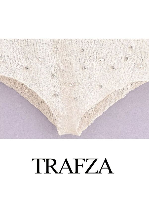 TRAFZA Elegant Women 2 pezzi Set Triangle Shorts + Sexy scollo a v senza maniche Backless Fake Diamonds decora Casual Halter Tops Y2K