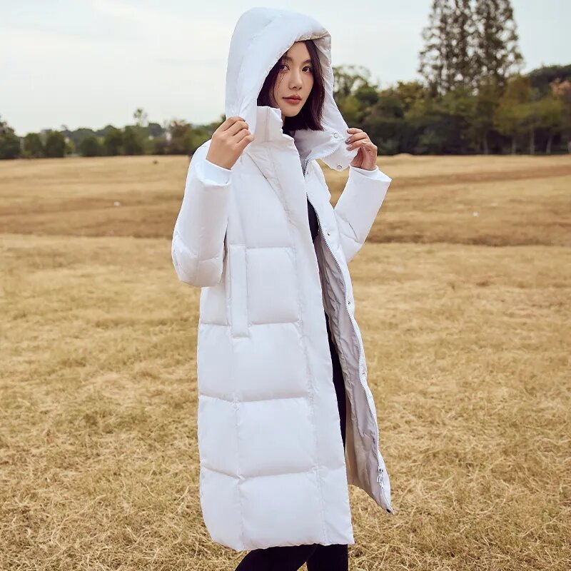Chaqueta larga con capucha para mujer, abrigo informal ajustado de plumón de pato blanco, holgado y recto, temporada baja, novedad de 2023