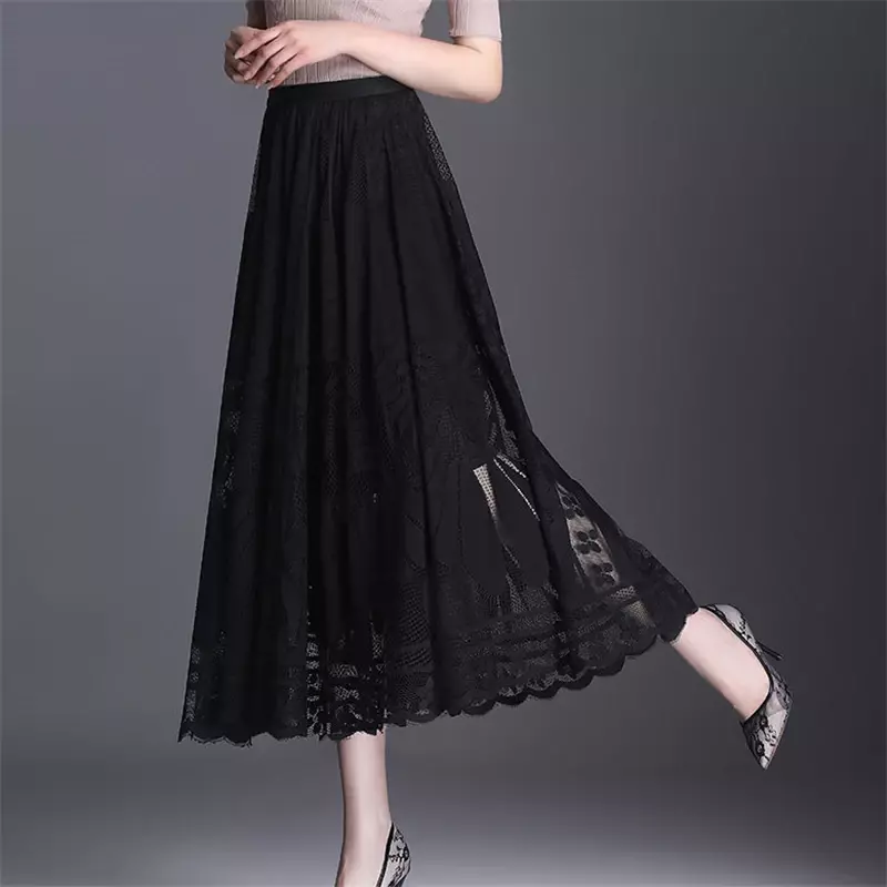 Falda larga plisada de lino para mujer, falda larga de cintura alta con encaje hueco, color negro, Estilo Vintage, elegante, a la moda, para fiesta, Verano