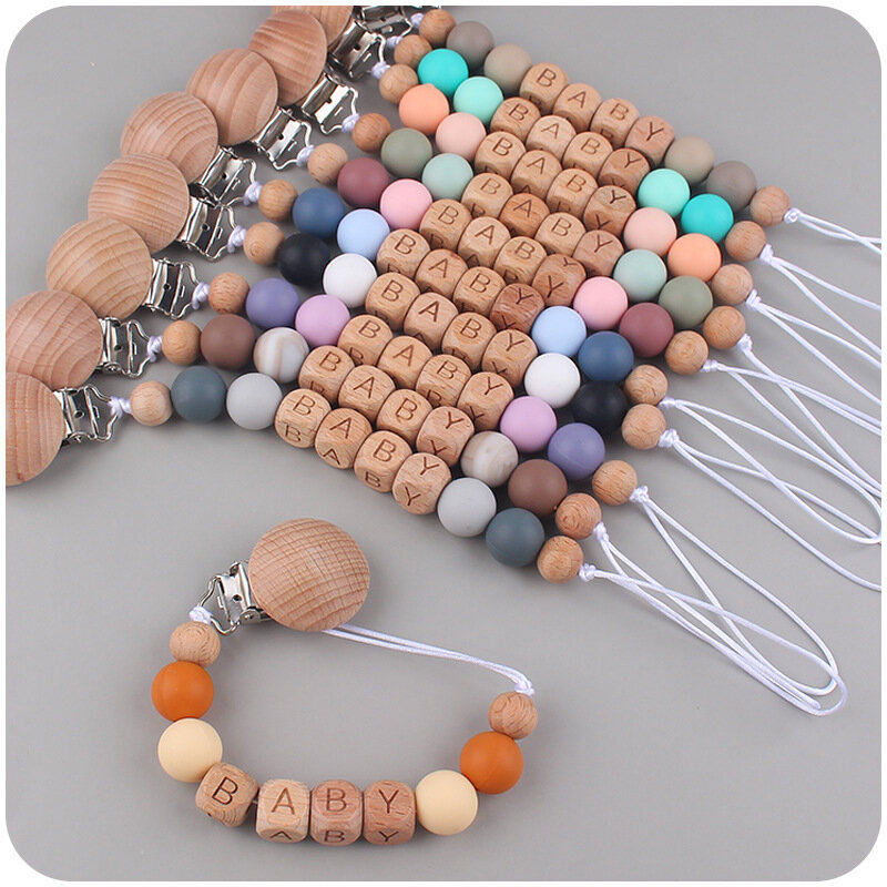 INS Personalized Name Baby Pacifier Clips Morandi Color Silicone Beads Newborn Teether Anti-drop Chain Dummy Nipples Holder Clip