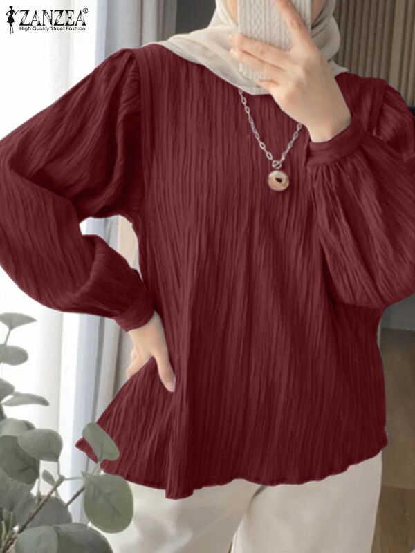 Женская винтажная блузка ZANZEA в мусульманском стиле, свободная плиссированная рубашка, Турция, Дубай, абайя, кафтан, осенние модные топы с длинным рукавом, изящная одежда