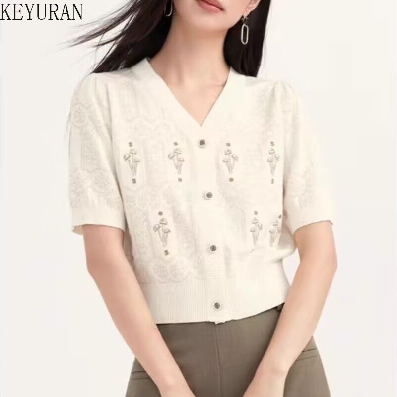 2024 Summer New Embroidery Knitted Cropped Cardigan Women V-neck Single Breasted Short Sleeve Sweater White Knitwear Tops Jumper