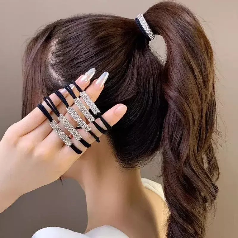 1/10 buah berlian wanita hitam mengkilap berlian imitasi mulus karet gelang elastis tali rambut 2023 mode baru diskon besar aksesoris rambut