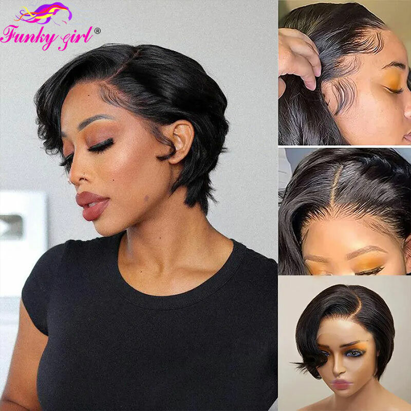 Straight Pixie Cut Wig 13x4 Highlight Human Hair Bob Wigs Brazilian Lace Front Wig Prepluck Transparent Lace Part Colored Wigs