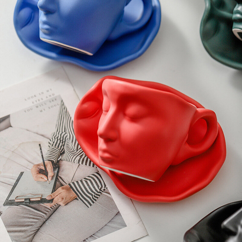 Tazas y platillos de cara humana con diseño de arte abstracto, Taza de cerámica creativa de moda para regalo, tazas de café para el hogar y la Oficina, gran oferta