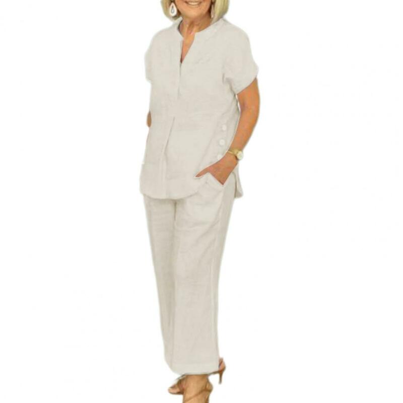 Женский комплект из 2 предметов, футболка с V-образным вырезом и короткими рукавами, брюки с широкими штанинами и эластичным поясом, повседневный комплект из топа и брюк