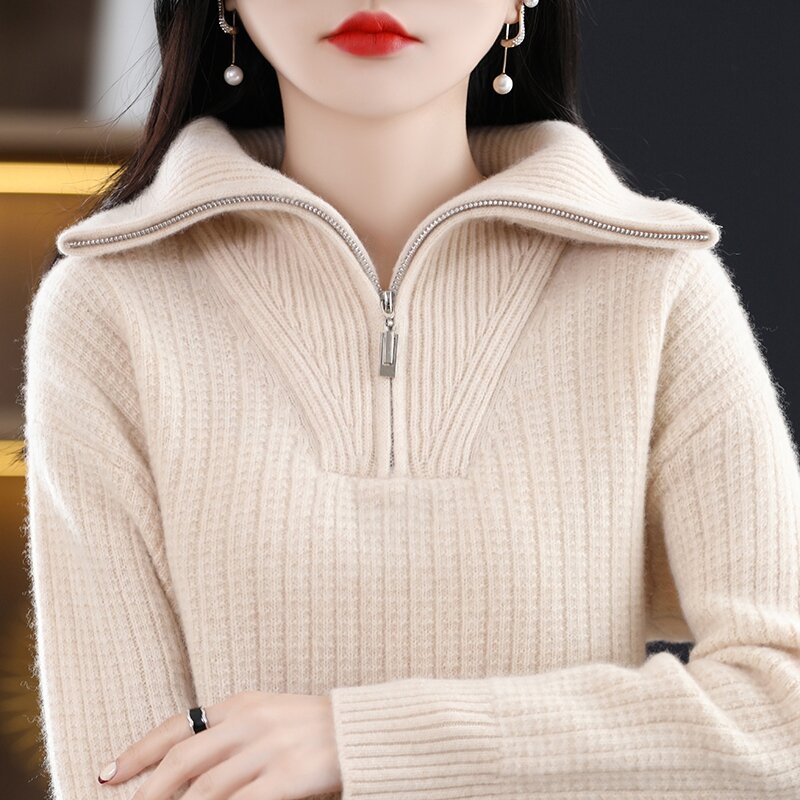 100% Wool Zipper Casual Fashion New Style Women's Cashmere Turtleneck Loose Pullover Ladies thickening Sweater Christmas
