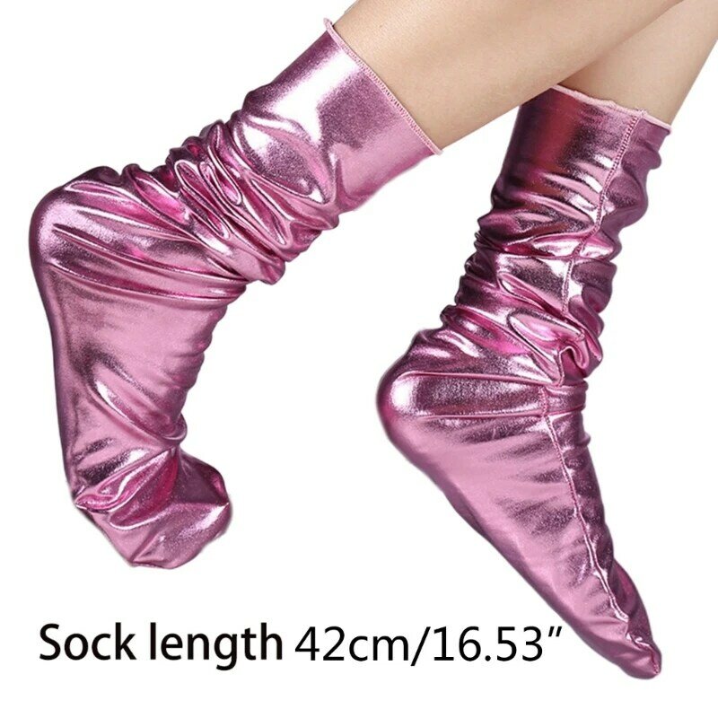 Women Faux  Leather Loose Crew Socks Funny Shiny Metallic Wetlook Solid Color Warm Mid Tube Stockings Clubwear