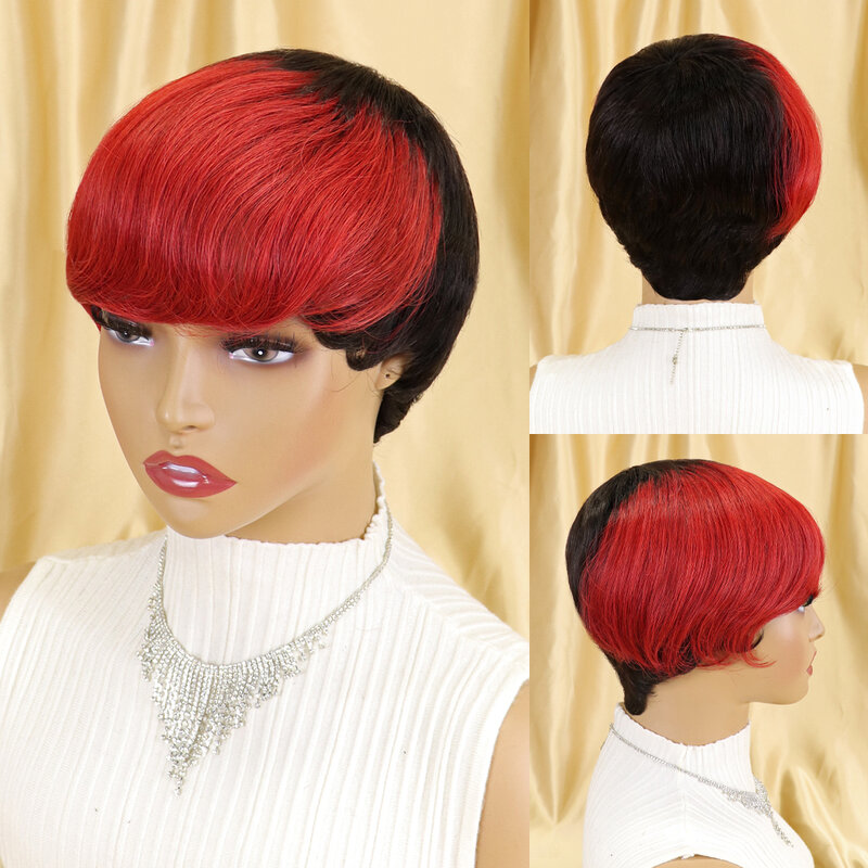 1BTBUG kolor Pixie krótkie Cut peruki Ombre ludzkich włosów peruki z naturalnych Bangs dla czarnych kobiet brazylijski prosto nie koronkowa peruka